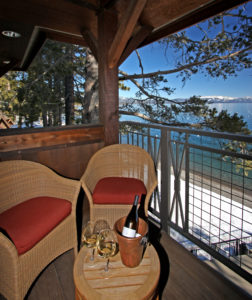The deck outside Watson Suite at West Shore Cafe and Inn. Lake Tahoe is in the background.