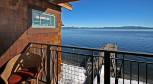 The view from the deck in West Shore Cafe and Inn's Marlette Room shows Lake Tahoe and snow covered peaks.